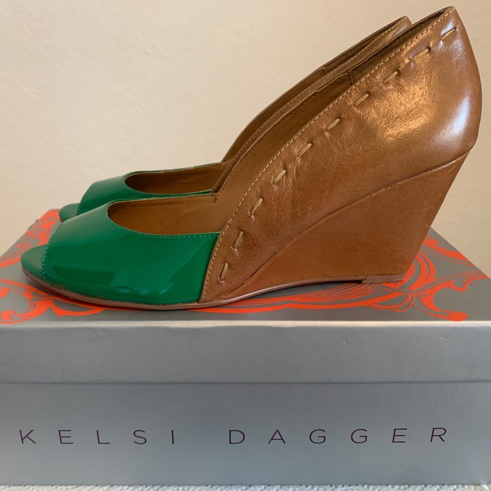 Kelsi Dagger Green and Brown Wedge Shoes with Peep-Toe Design